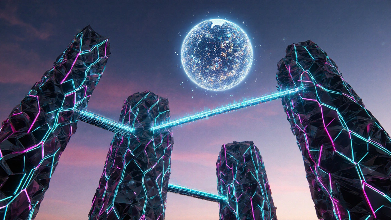 Futuristické město s rozdělenými uzly, mosty mezi blockchainy a zeleným konsenzem.