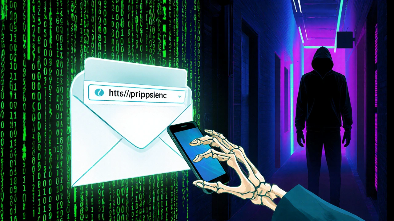 Temná digitální scéna zachycující phishingový e‑mail, malware kód a hackerův stín.