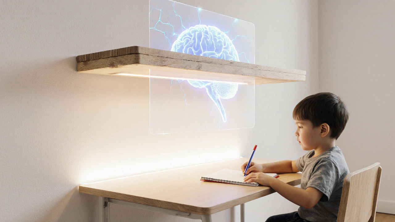 Abstraktní návrh regulovatelné police nad stolem s jemným osvětlením a bez dekorací, znázorňující ergonomii a koncentraci.