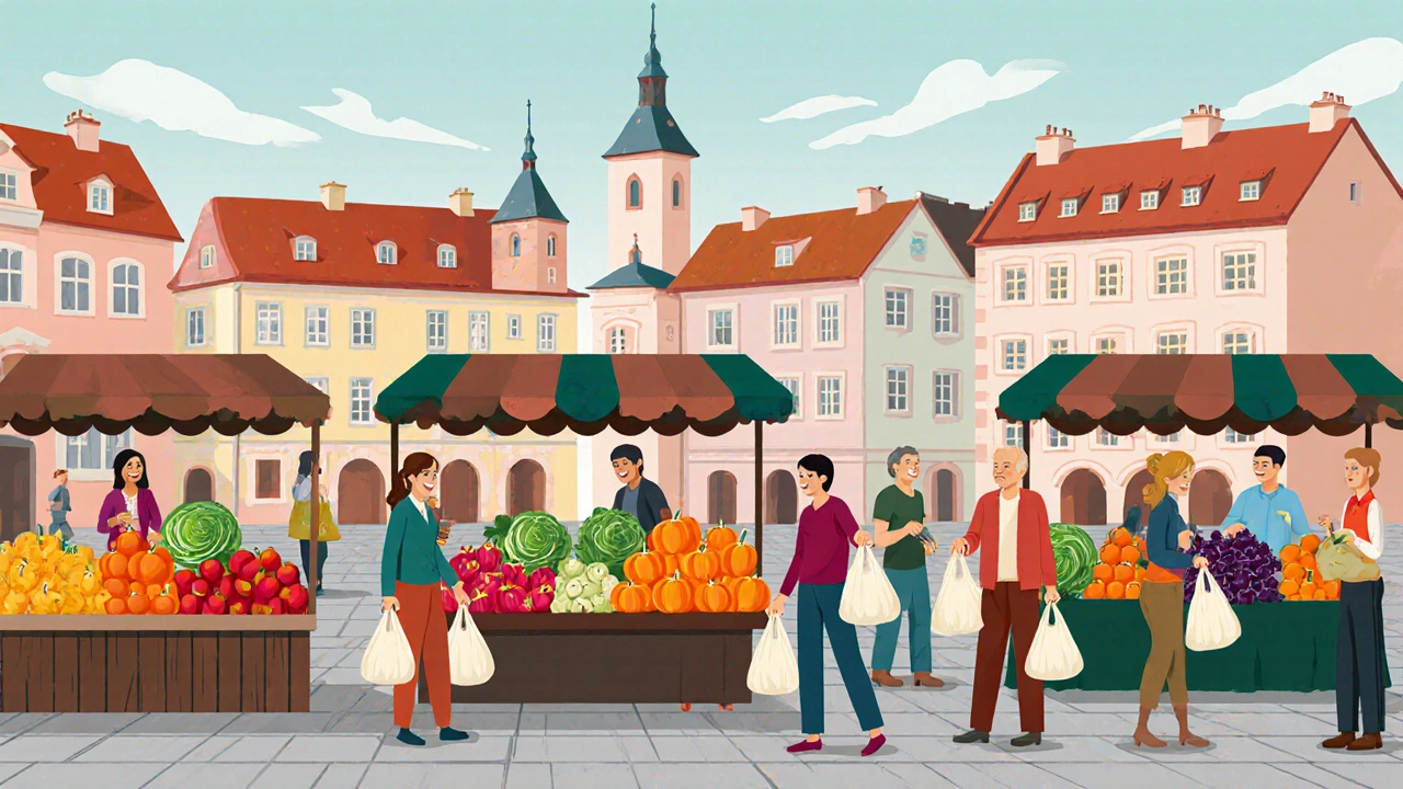 Český farmářský trh s podzimní úrodou a spokojenými nakupujícími.