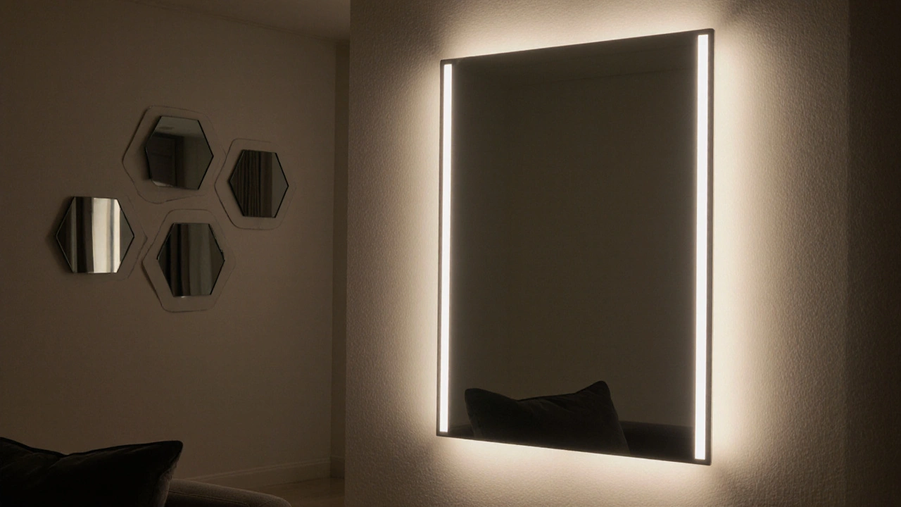 Chytré zrcadlo s LED osvětlením a kompozicí tří menších zrcadel na zdi.