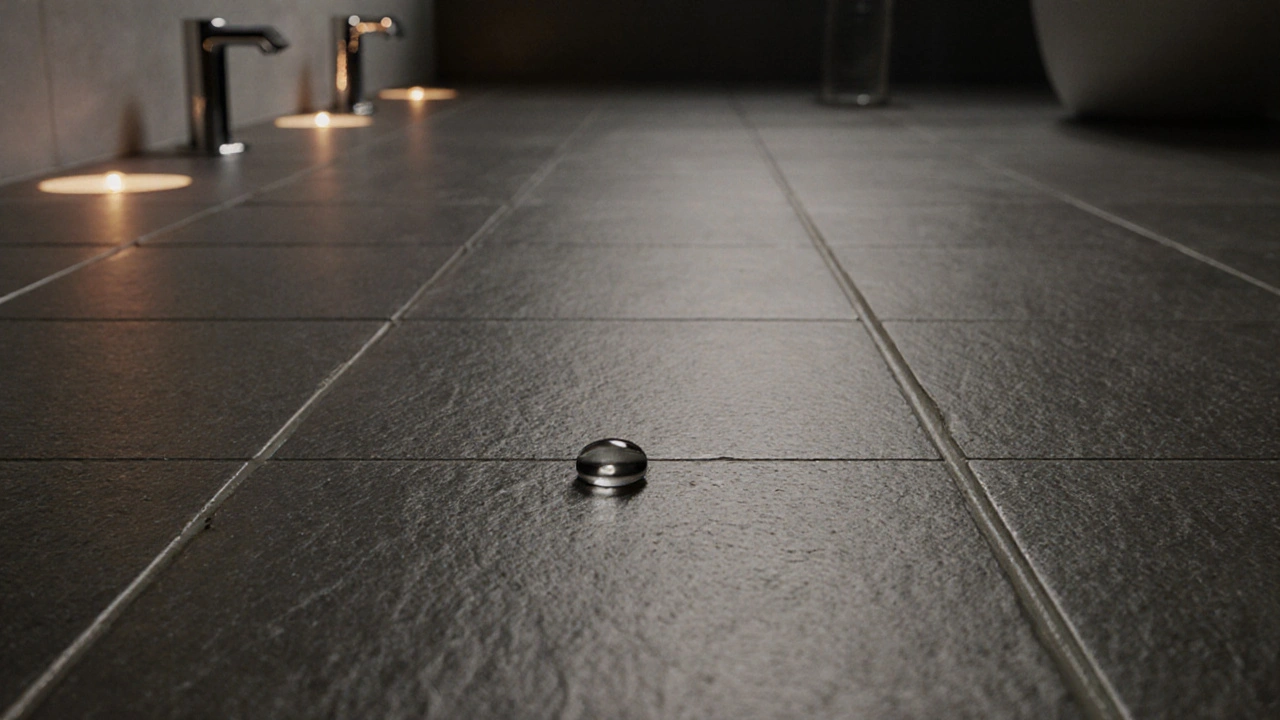 Detailní záběr na texturované porcelánové dlaždice s vodní kapkou, podtrhující odolnost a neklouzavost.