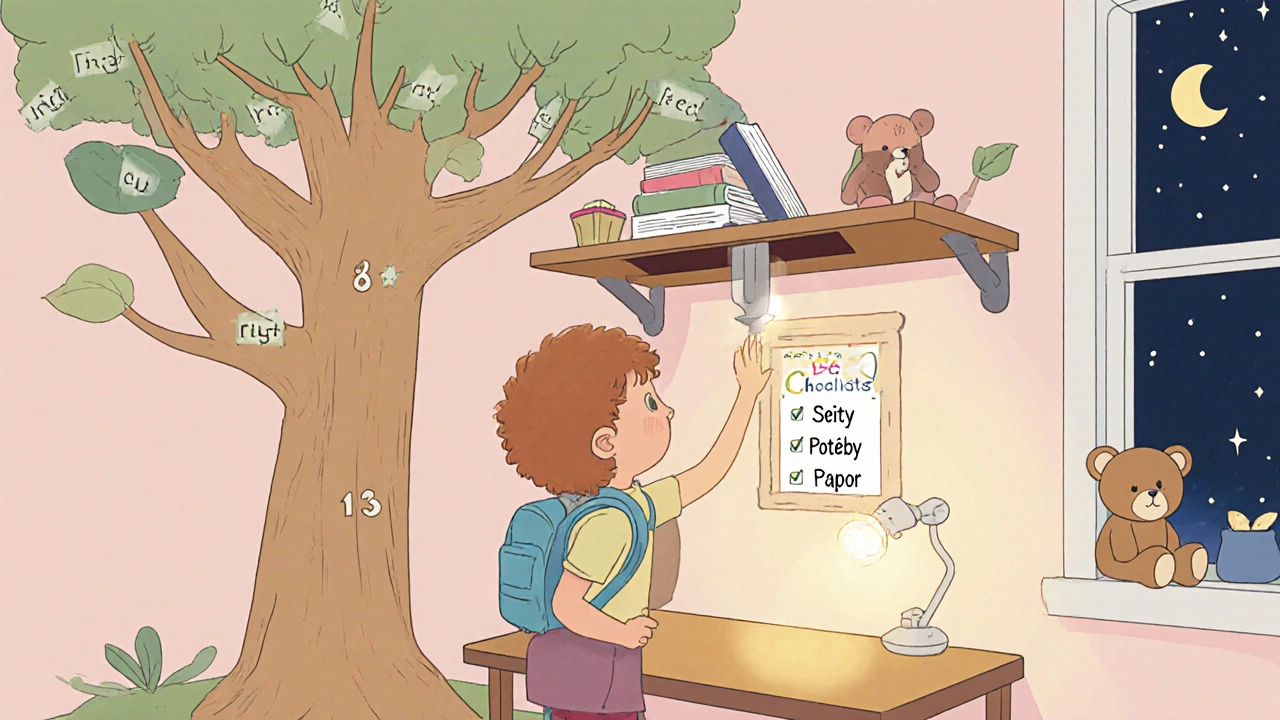 Dítě ukládá učebnici do regulovatelné police nad stolem, symbolizující růst od první třídy až po střední školu.