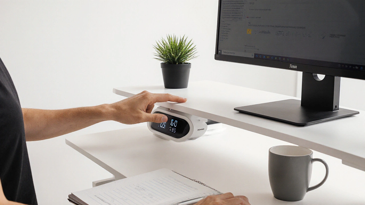 Elektrický stojací stůl s tlačítkem pro úpravu výšky, osoba přechází ze sedění do stání, na stole monitory a káva.