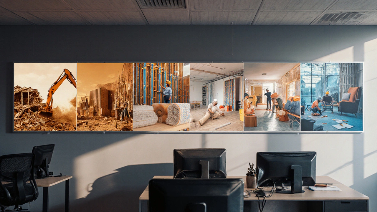 Ilustrace časové osy s fázemi rekonstrukce: demontáž, stavba, podlahy, finále.