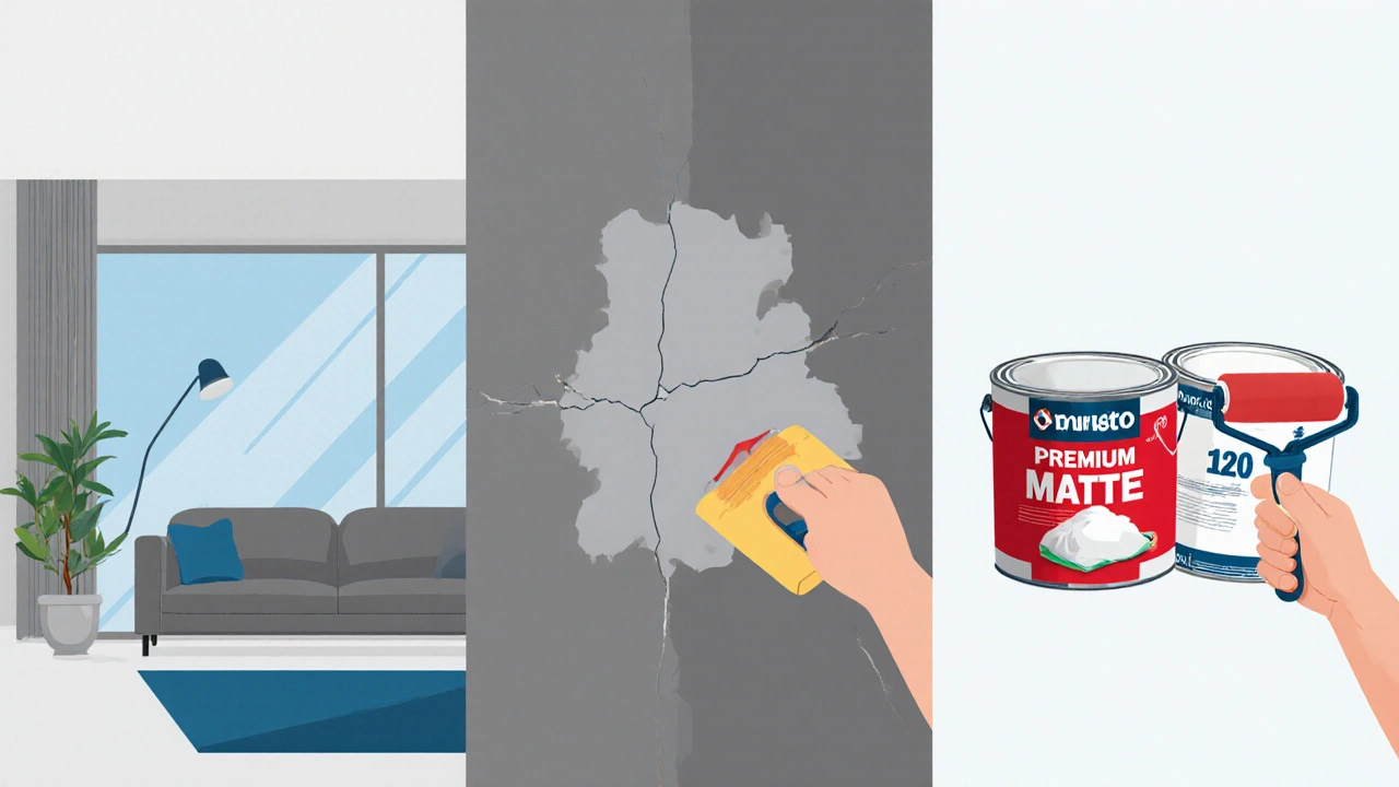 Ilustrace ukazující faktory ceny: velikost, poškozenou zdi a typ barvy.