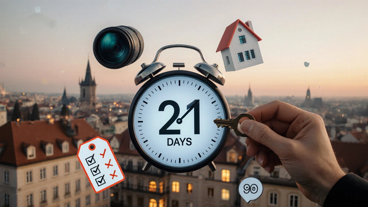 Klíč vedle čítače 21 dní s ikonami fotografie, ceny a 3D prohlídky.