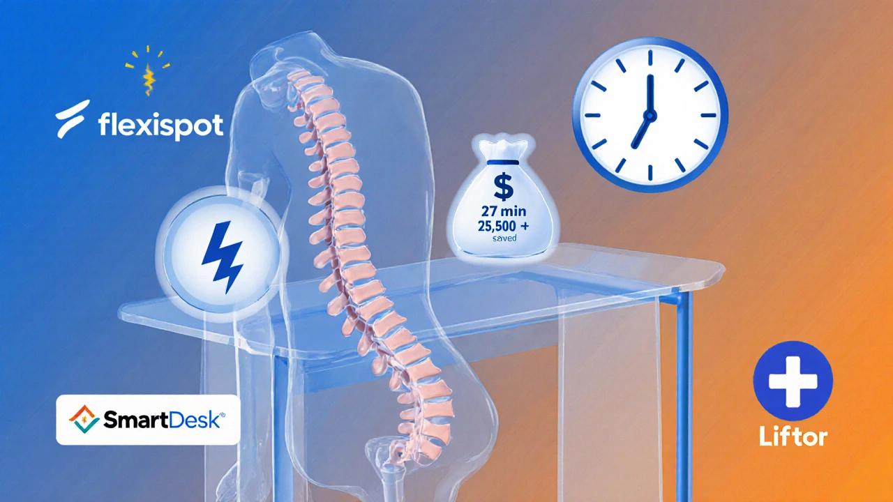 Koncepční znázornění páteře v klidové a aktivní pozici s ikonami energie, času a úspory peněz nad stojacím stolem.