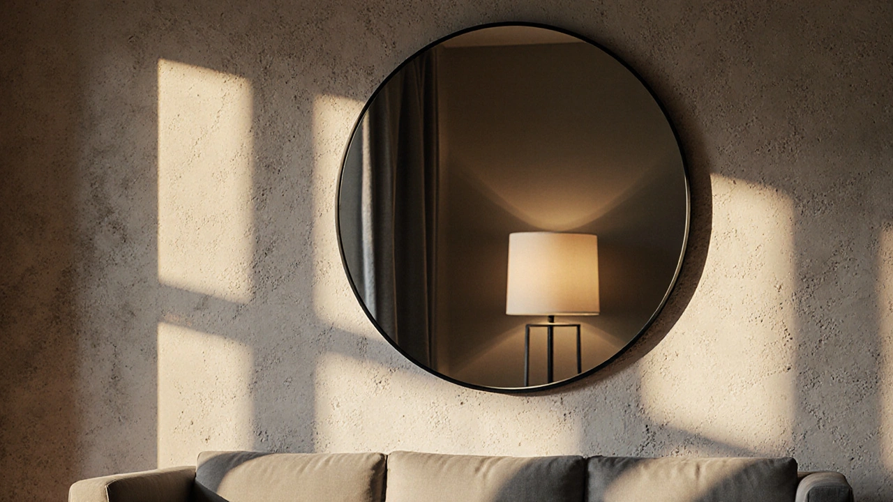 Kulaté zrcadlo nad pohovkou odráží teplé světlo lampy a měkké stíny.