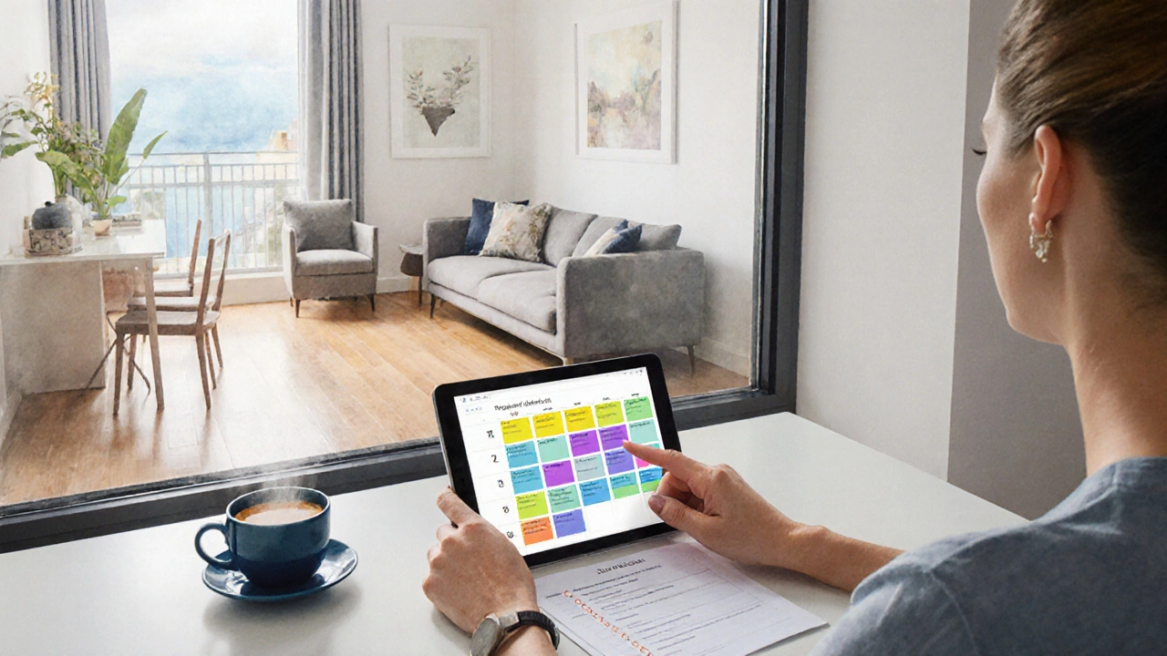 Malba klidného bytu, majitel kontroluje harmonogram na tabletu.