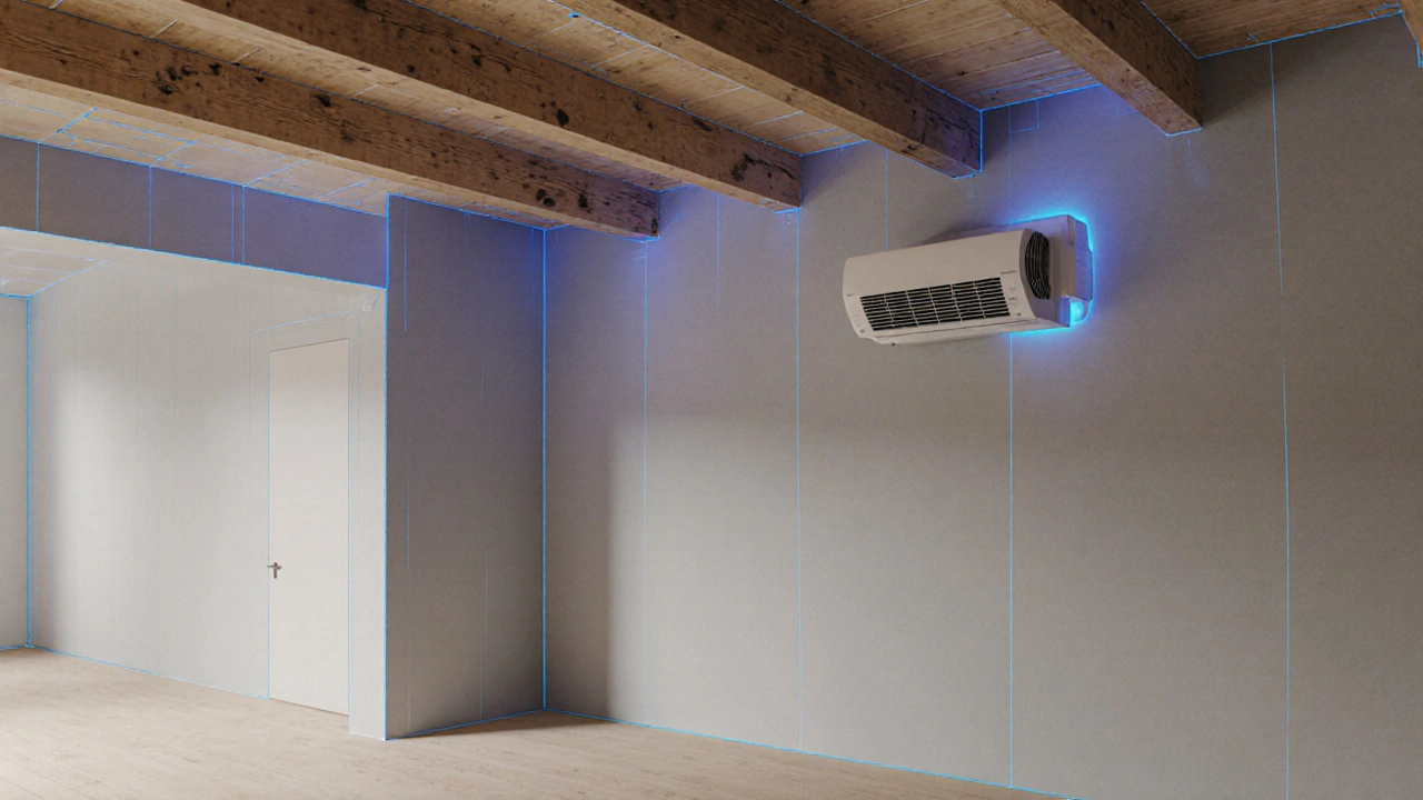 Moderní interiér s tenkou tepelnou izolací a diskretním větráním bez viditelné izolace.