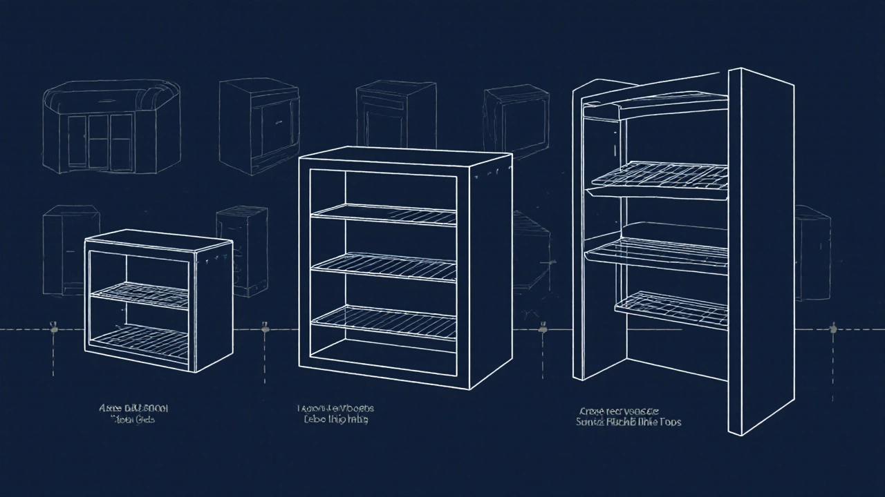 Modulární systém police s LED osvětlením a inteligentním přizpůsobením výšky podle vlhkosti.