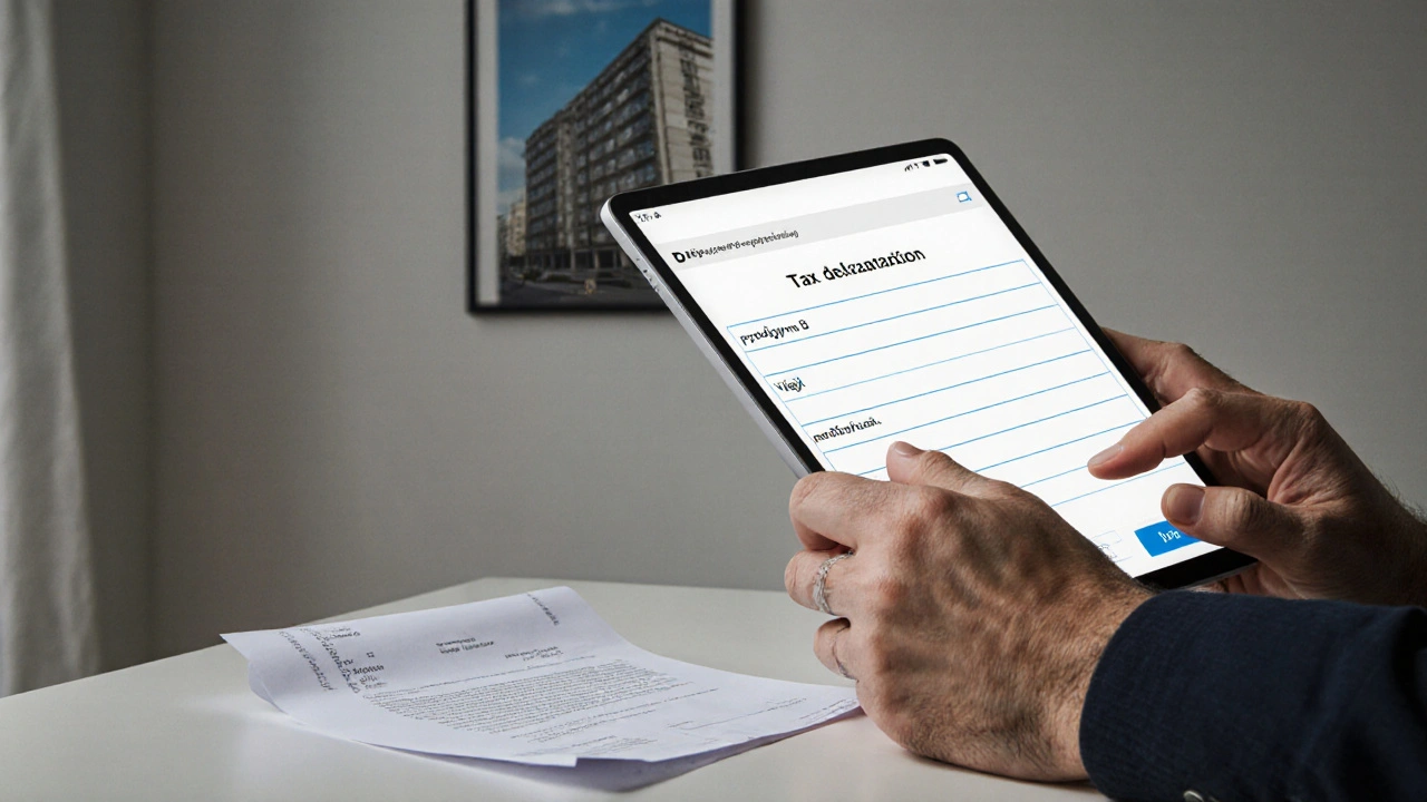 Muž odesílá daňové přiznání elektronicky na tabletu s výpisem prodeje nemovitosti.
