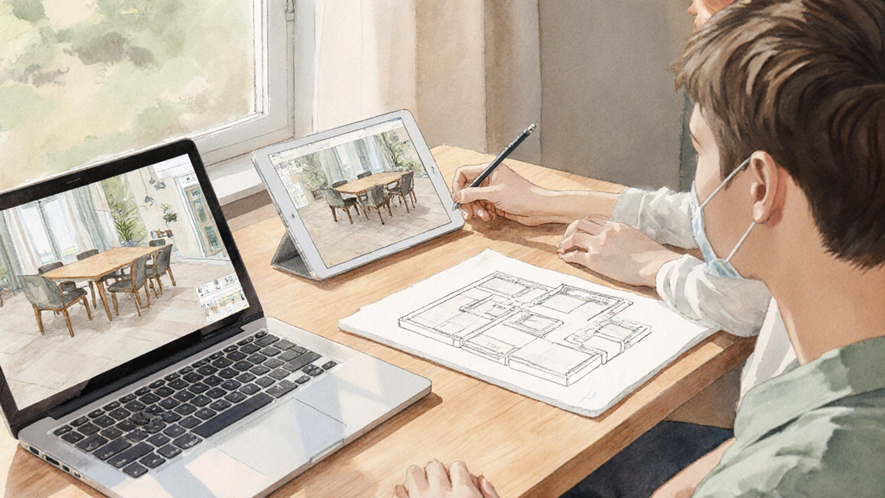 Osoba v domácí kanceláři prohlíží nábytkový katalog na tabletu mezi skicami designu.