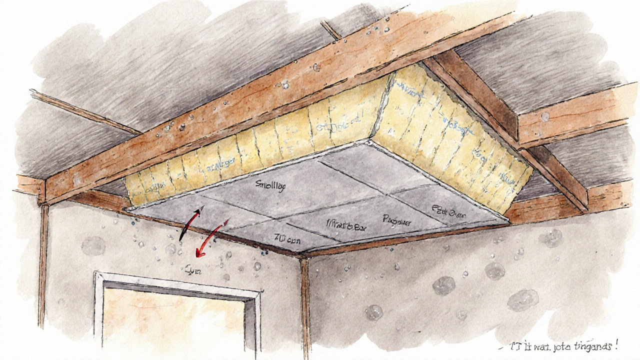 Průřez stropu nad nevytápěnou garáží s 10 cm minerální vlnou a parotěsnou fólií.