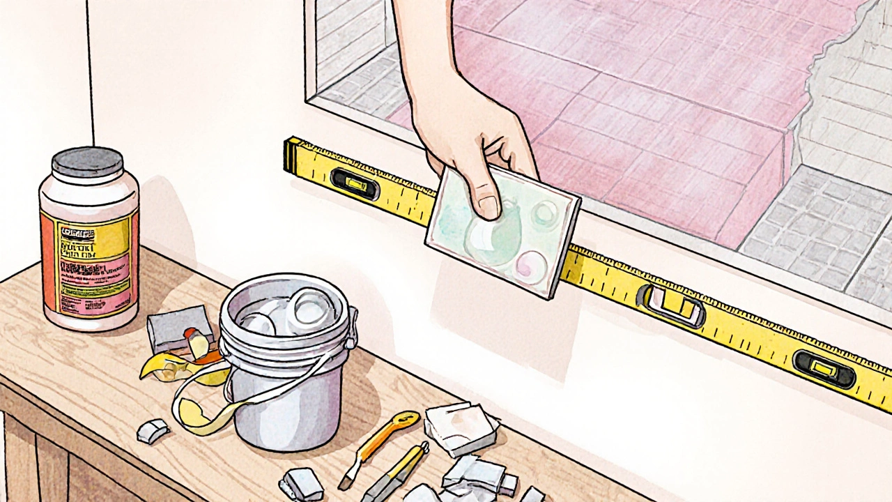 Ruka s měřítkem a úrovní přikládá vzorek obkladu ke zdi při přípravě instalace.