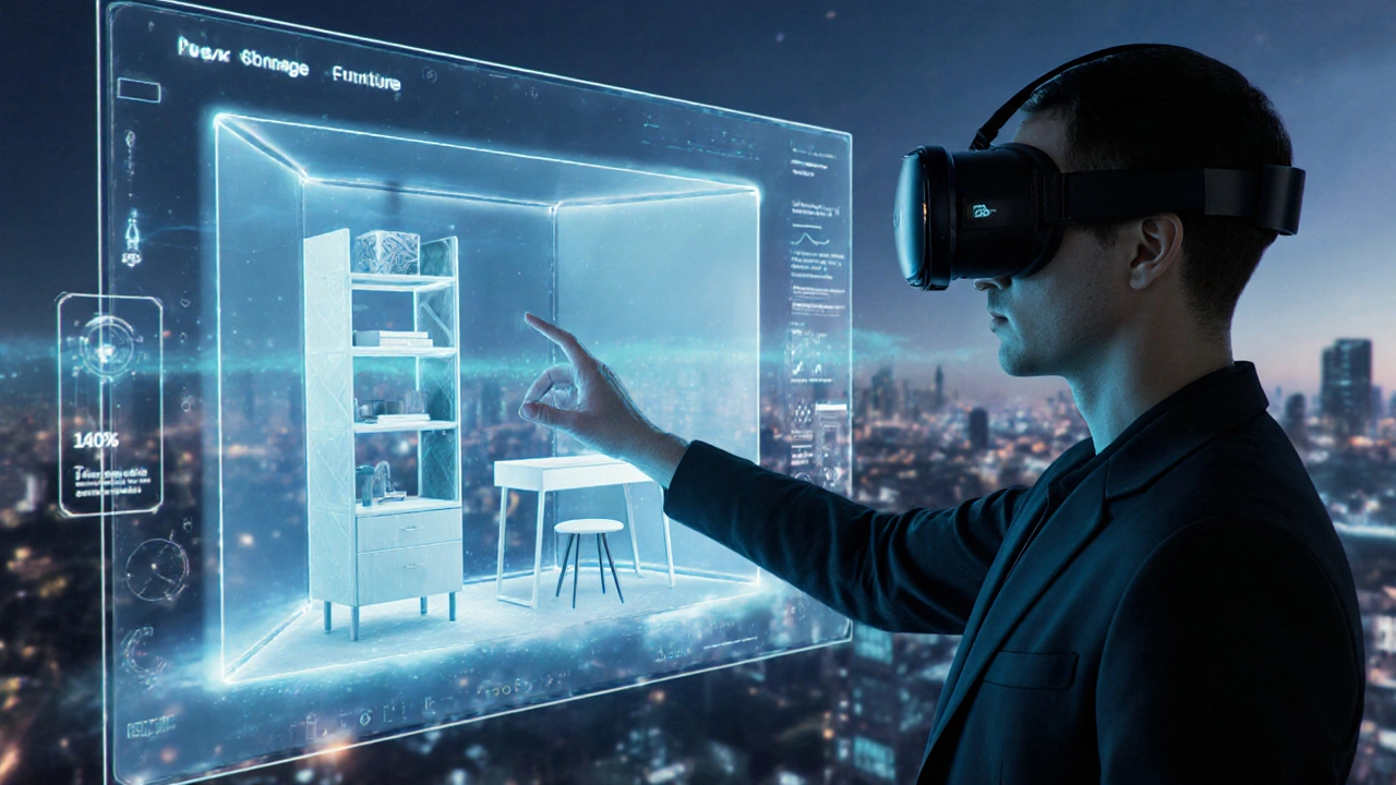 Virtuální 3D místnost s recyklovaným nábytkem Pepco, uživatel v brýlích VR si ho zkouší.