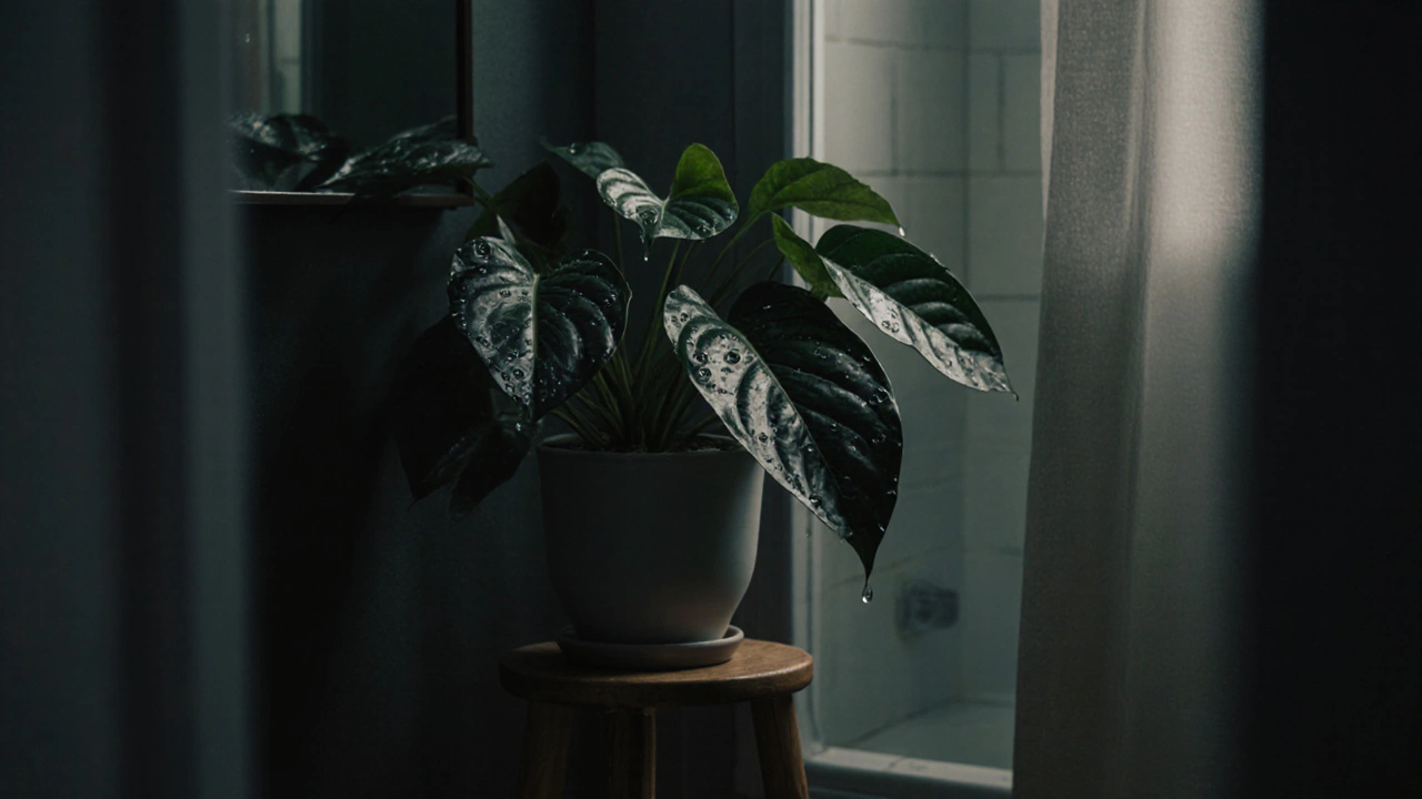 Aspidistra rostoucí v tmavém koutě koupelny s kapkami kondenzace na listech.