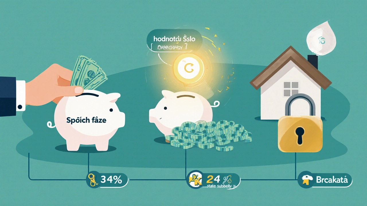Časová osa stavebního spoření: spoření, hodnotící číslo a úvěr s nízkým úrokem.