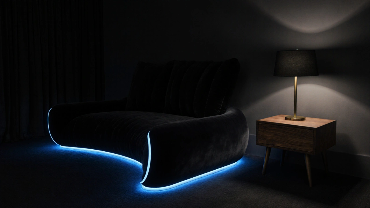 Černý sametový pohovka s jemným fialovým zářením v noci, stojící vedle dřevěné noční lavičky s mosaznou lampou.