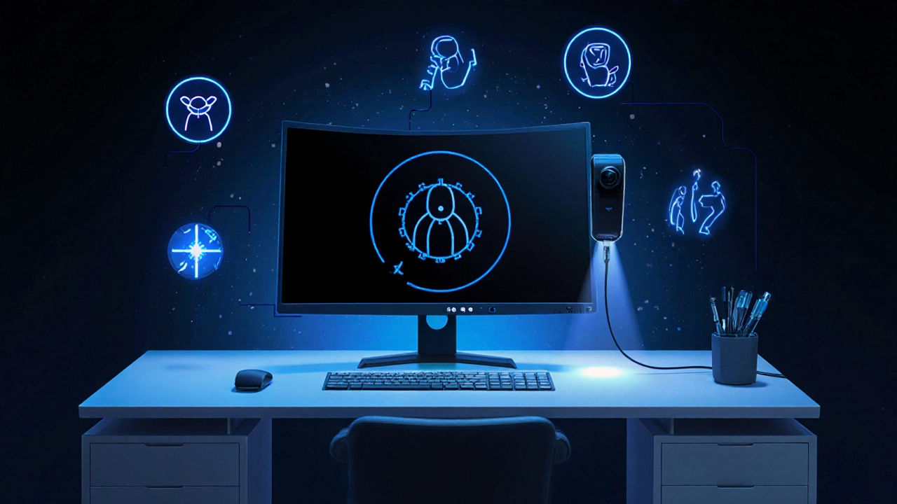 Chytrý monitor s AI senzorem a vysunutou kamerou upozorňuje na špatnou posturu v moderním domácím kancelářském prostředí.