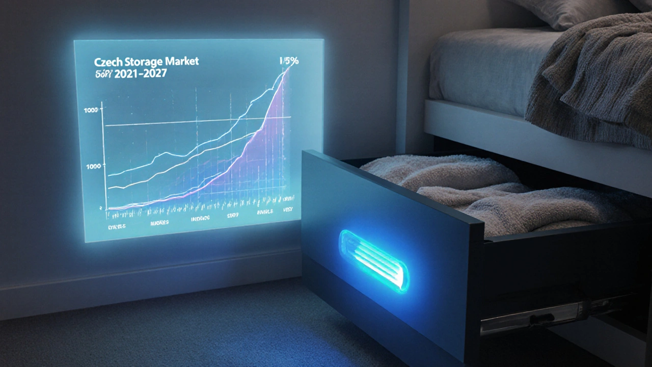 Chytrý úložný šuplík s čidlem vlhkosti, které svítí modrým světlem při detekci vlhkosti.