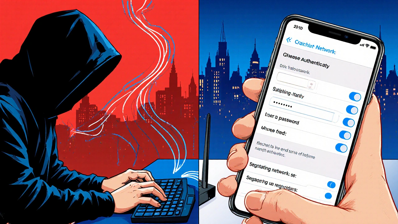 Comic-style split scene: hacker attacking smart home vs homeowner securing it with two-factor authentication.
