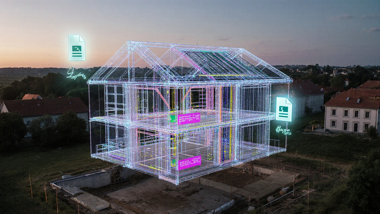 Digitální 3D model domu s viditelnými skrytými systémy potrubí, elektřiny a konstrukce v stylu BIM.