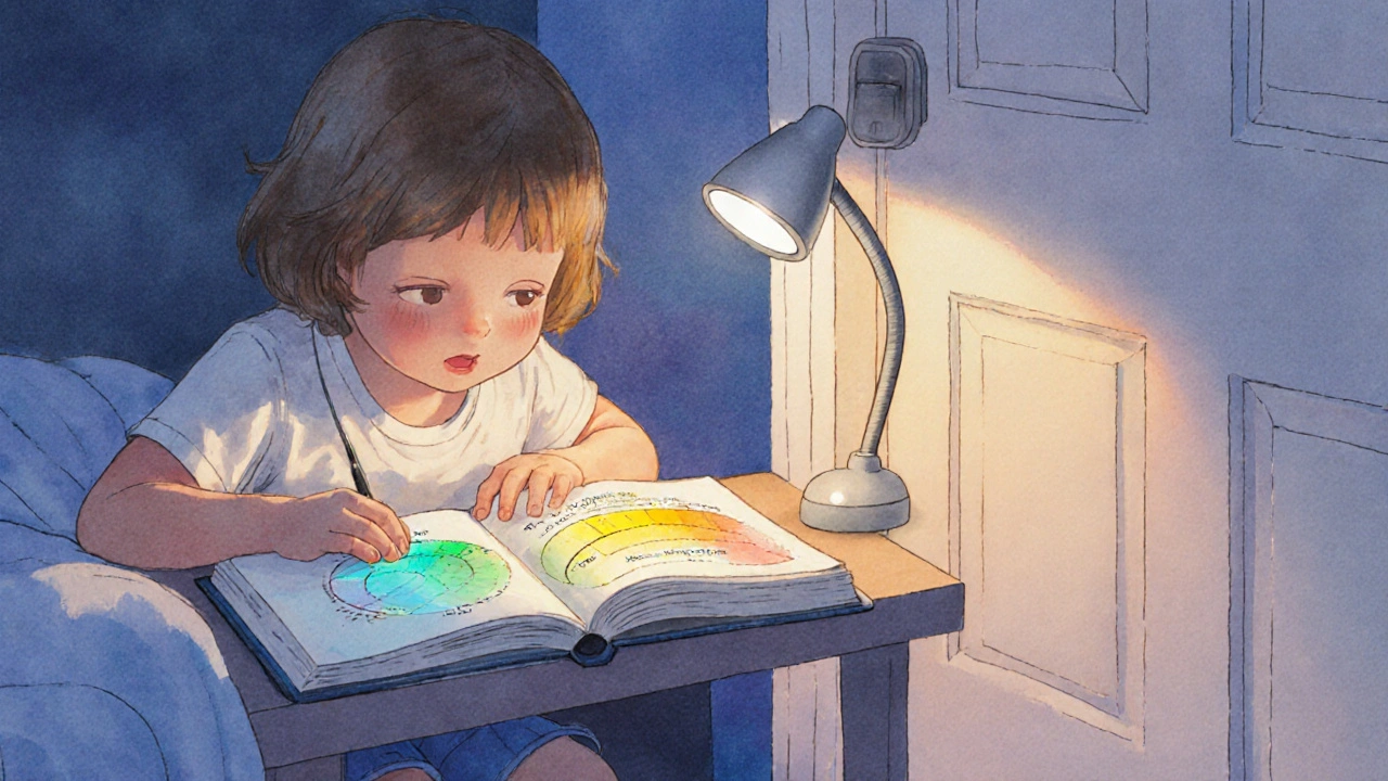 Dítě čte pod stolní lampou, která osvětluje knihu optimálním teplým světlem, zbytek pokoje je jemně osvětlen.