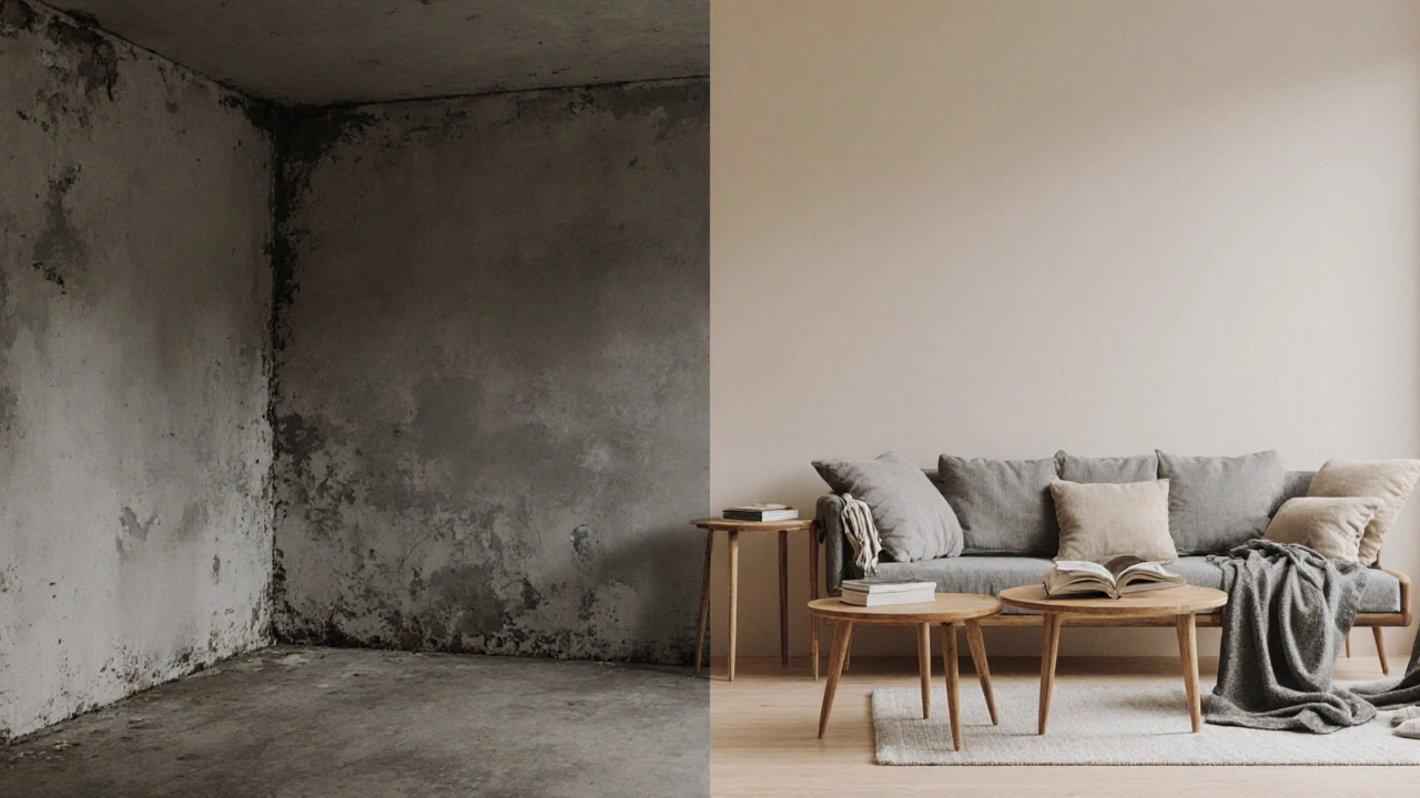 Dvě strany stejné místnosti: jedna prázdná, druhá virtuálně vybavená moderním nábytkem.