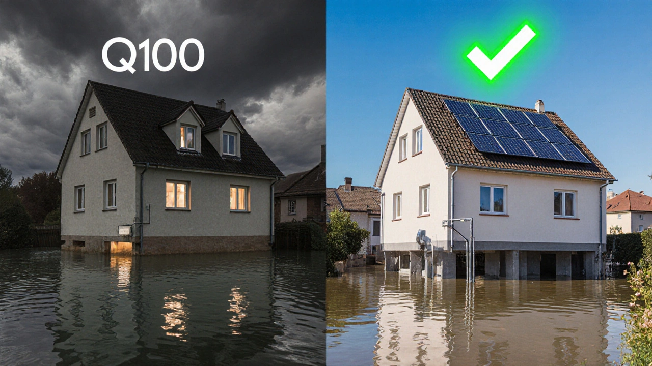 Dvě verze domu: starý s povodní a nový s vysokým základem, symbolizující rozdíl mezi nevědomostí a přípravou na povodeň.