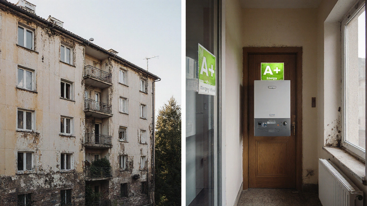 Dvě verze stejného panelového bytu: starý s jednoduchými okny a nový s tepelnou izolací a Energetickým štítkem A++.