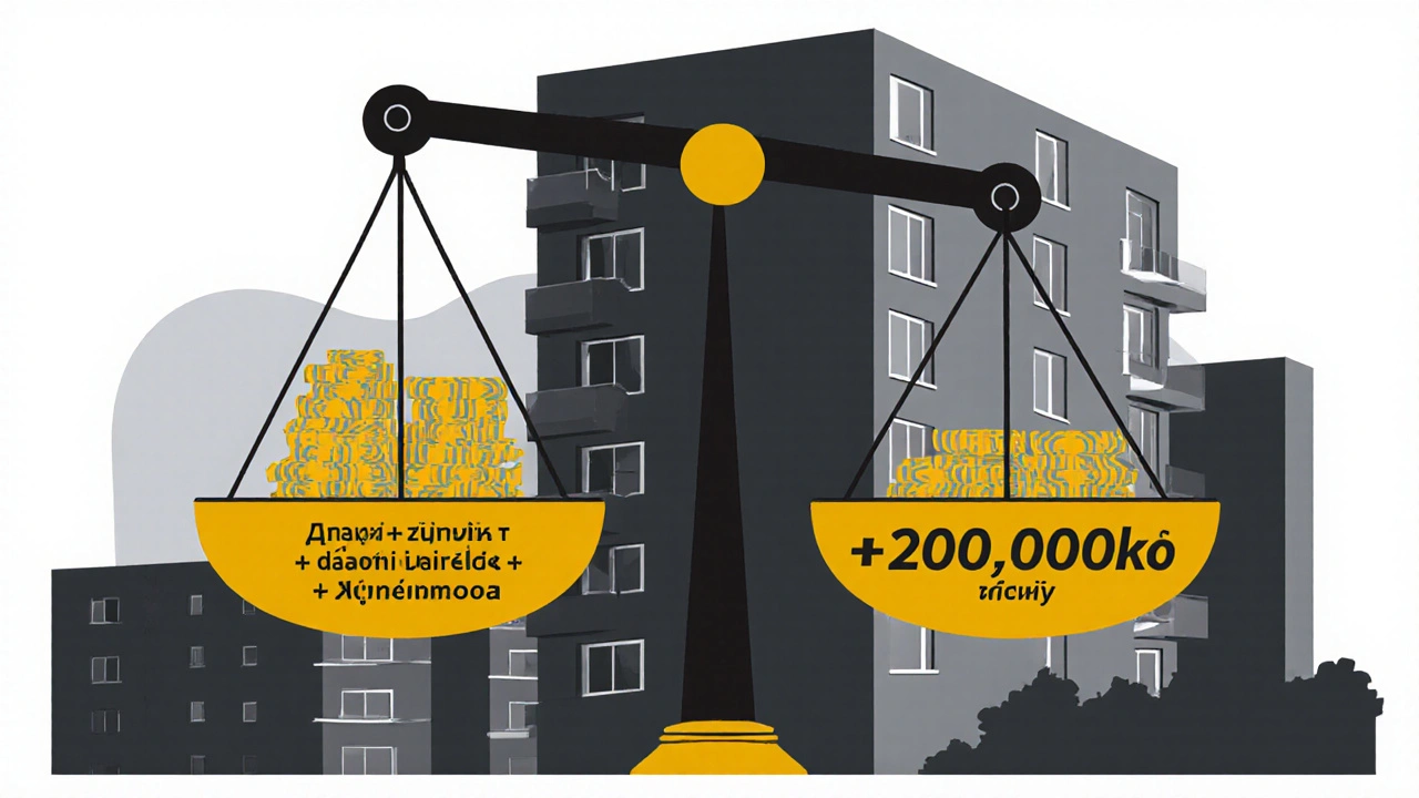Finanční váha s výhodami klasické hypotéky na jedné straně a náklady americké hypotéky na druhé.