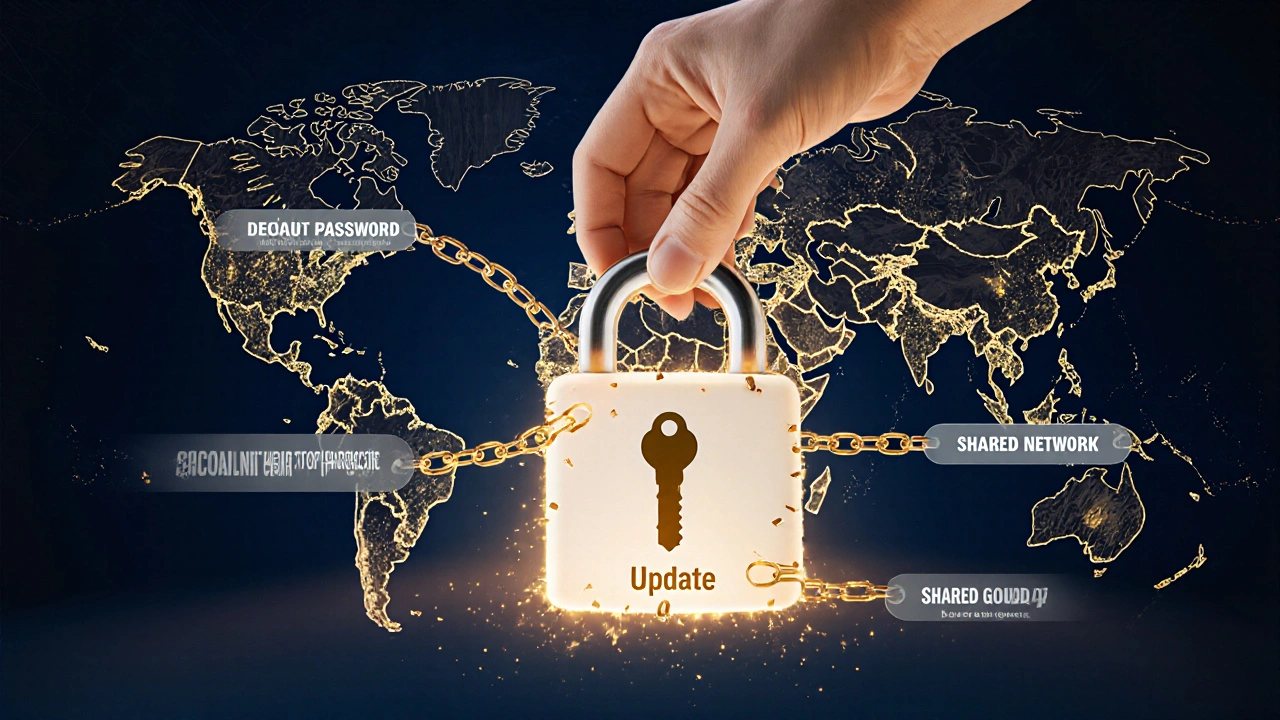 Hand placing an &#039;Update&#039; key into a smart device lock, breaking chains of weak security practices.