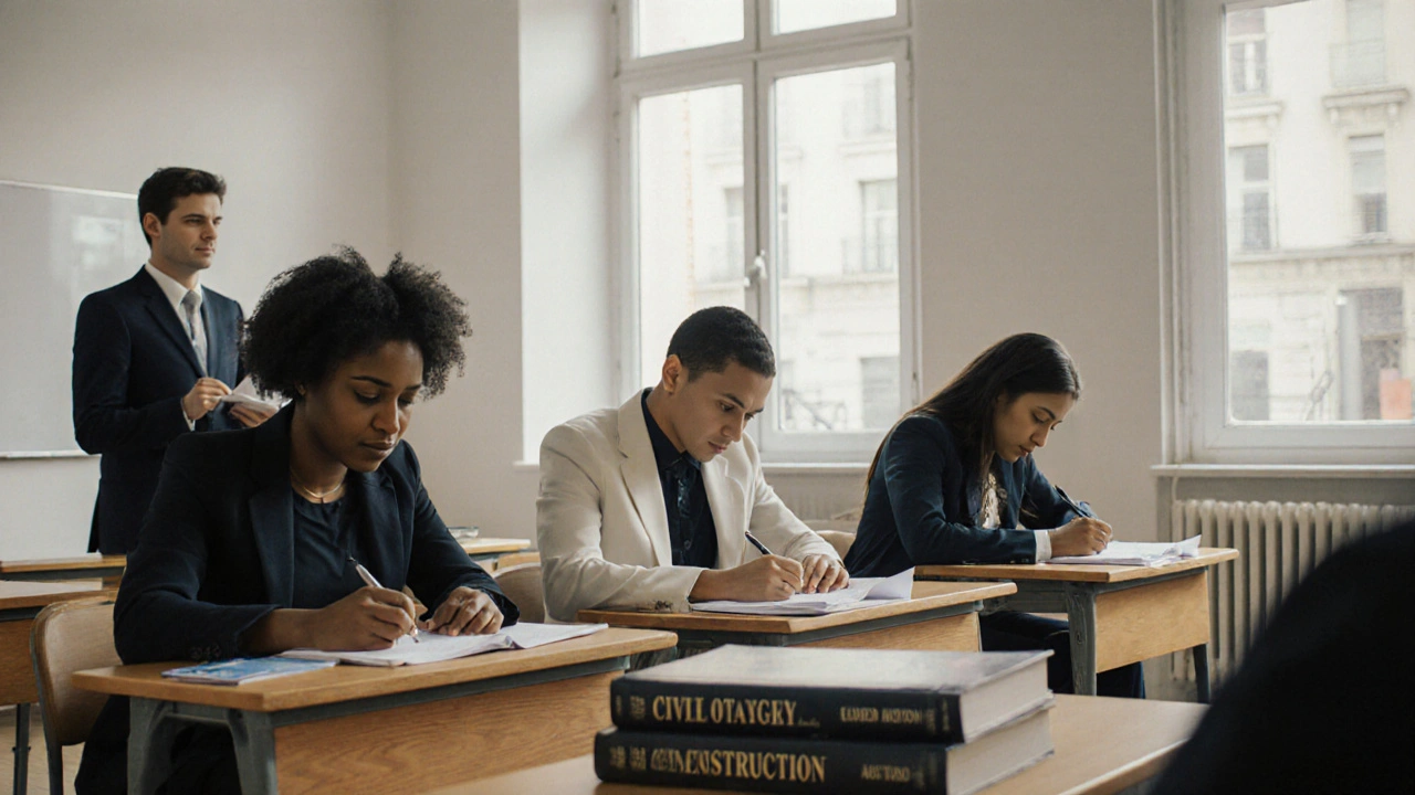 Kandidáti na realitní makléře psou písemnou zkoušku z nemovitostního práva v učebně.