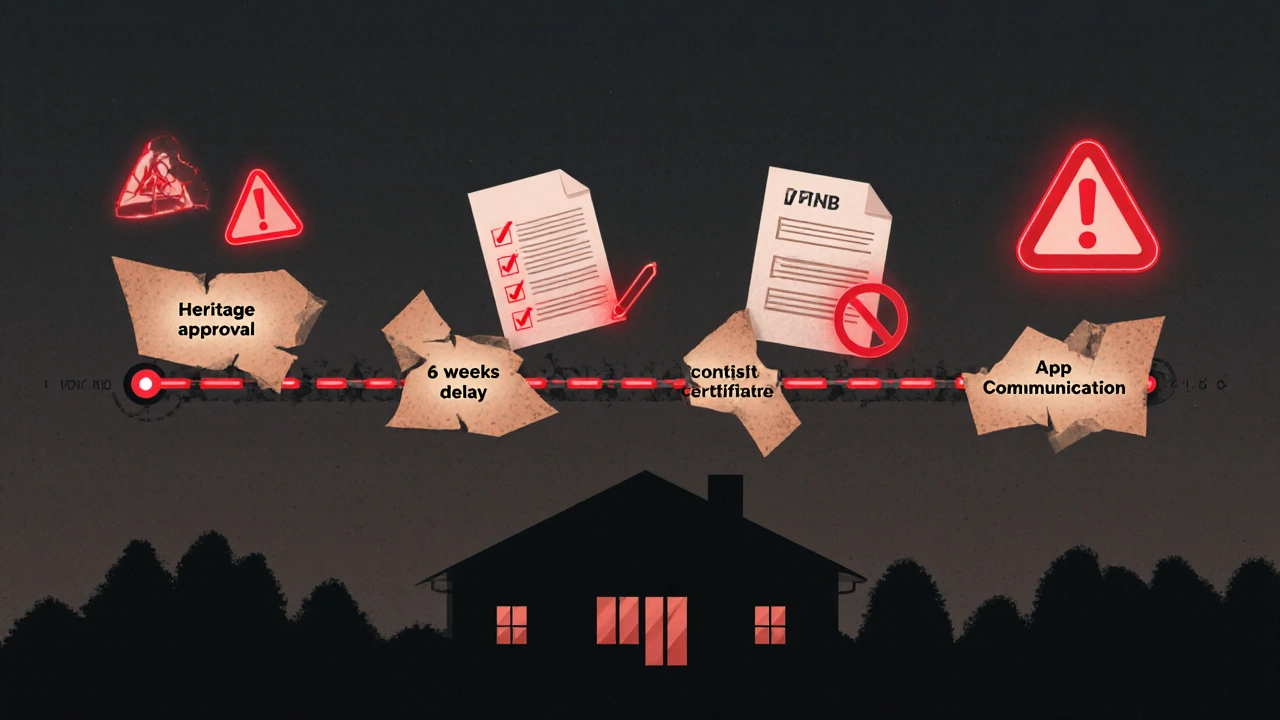 Křehký časový harmonogram se rozpadá na digitální a papírové prvky, symbolizující selhání rekonstrukce.