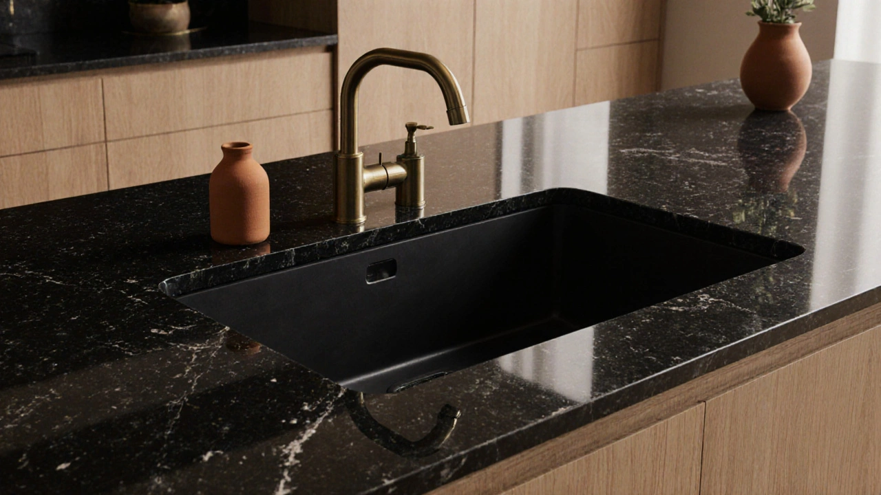 Kuchyňský ostrov z černé žuly s mosazným kohoutkem a světlými dřevěnými skříněmi, osvětlený teplým světlem.