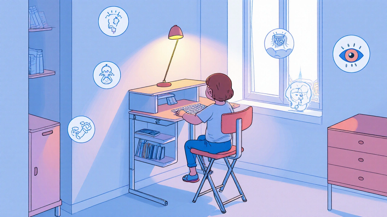 Malý bytový pokoj s přehazovacím stolem, integrovanými regály a LED osvětlením.