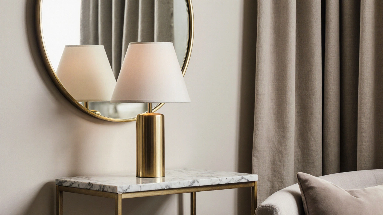 Mosazné detaily na zrcadle, lampa a noha křesla v harmonickém kontrastu s matnými texturami.