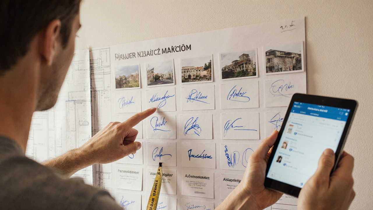 Na zdi domu je náhled harmonogramu rekonstrukce s fotografiemi a podpisy jednotlivých milníků.