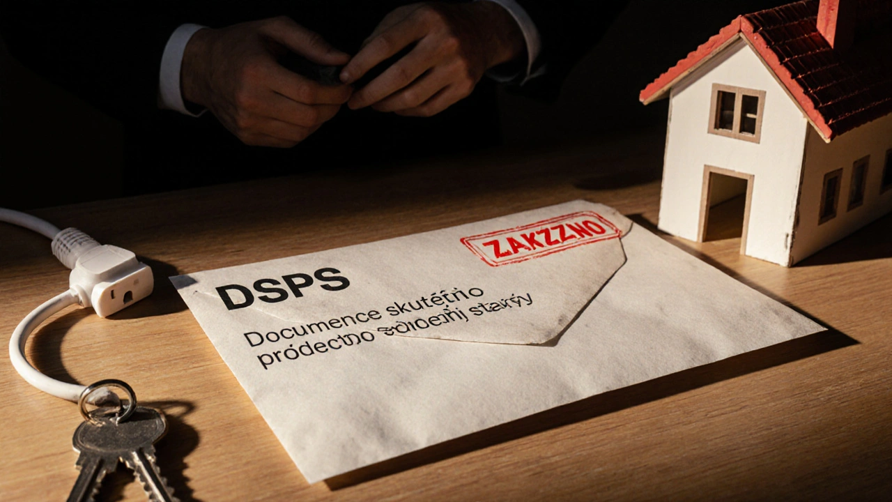 Neotevřená dokumentace DSPS na stole vedle klíče a zásuvky, stín inspektora s červeným razítkem.