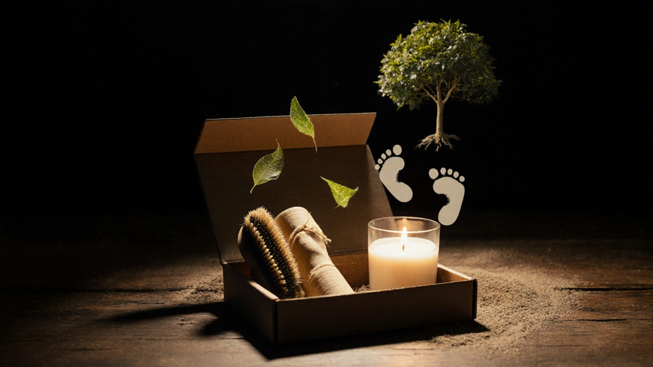 Otevřená dárková krabice s ekologickými věcmi a symbolickým stromem rostoucím z ní.