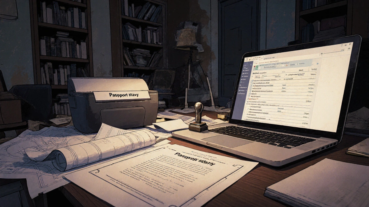 Papíry, plány a bankovní výpisy na stole v domácím kancelářském prostoru.