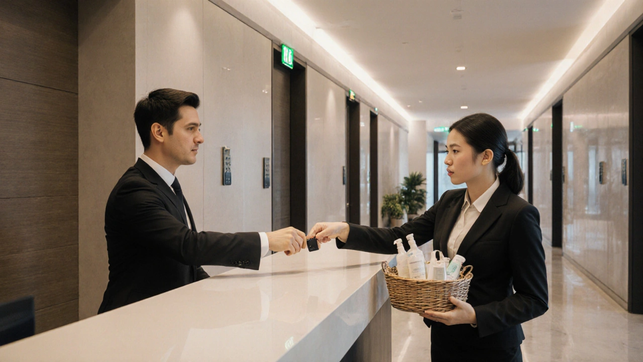 Přijímací centrum servisovaného bytu s personálem a digitálním přístupem.