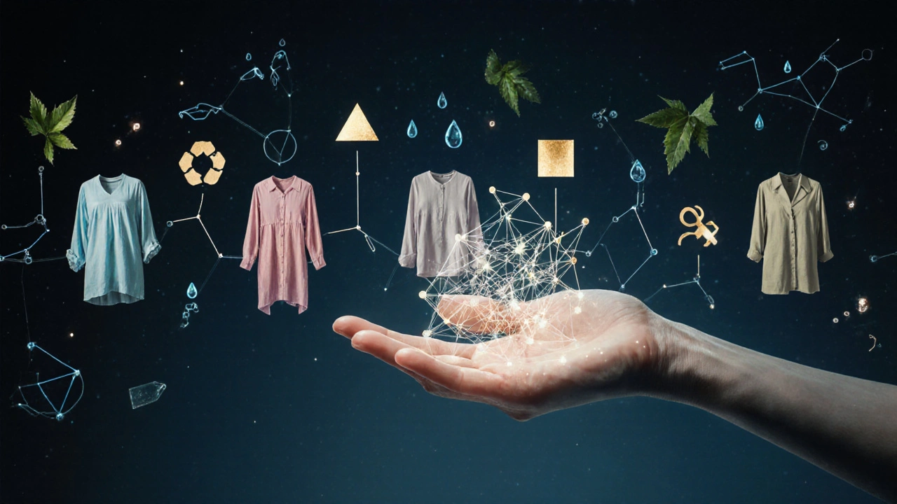 Průhledná ruka drží světící síť vláken s symboly péče, symbolizující udržitelnost.