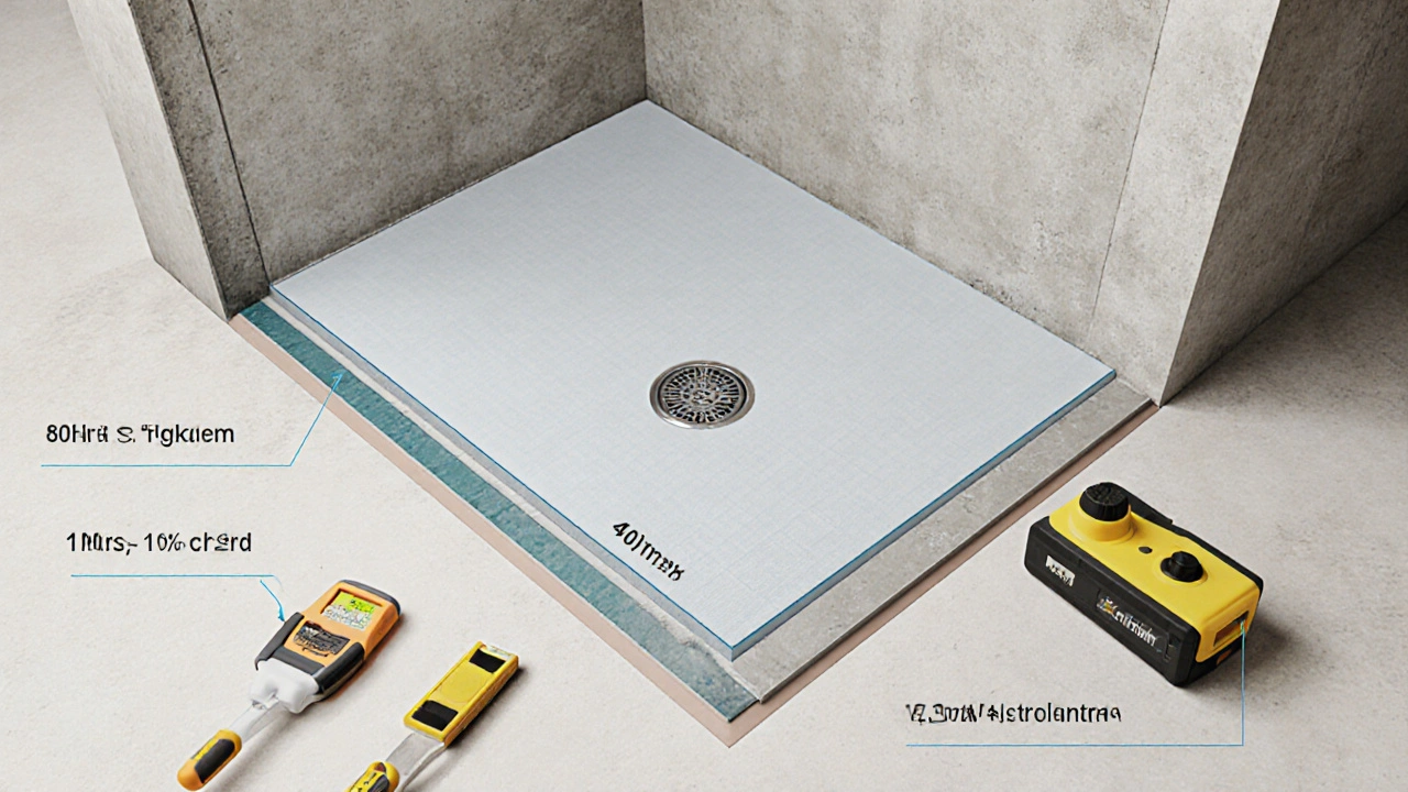 Průřez podlahy při instalaci bezzárubňové sprchy: hydroizolace, potěr a sklon směřující k odtoku.