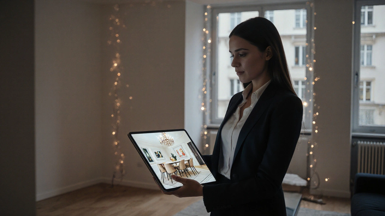 Realitní makléř ukazuje na tabletu virtuálně stagingovaný interiér, zatímco za ním je skutečně prázdný byt.