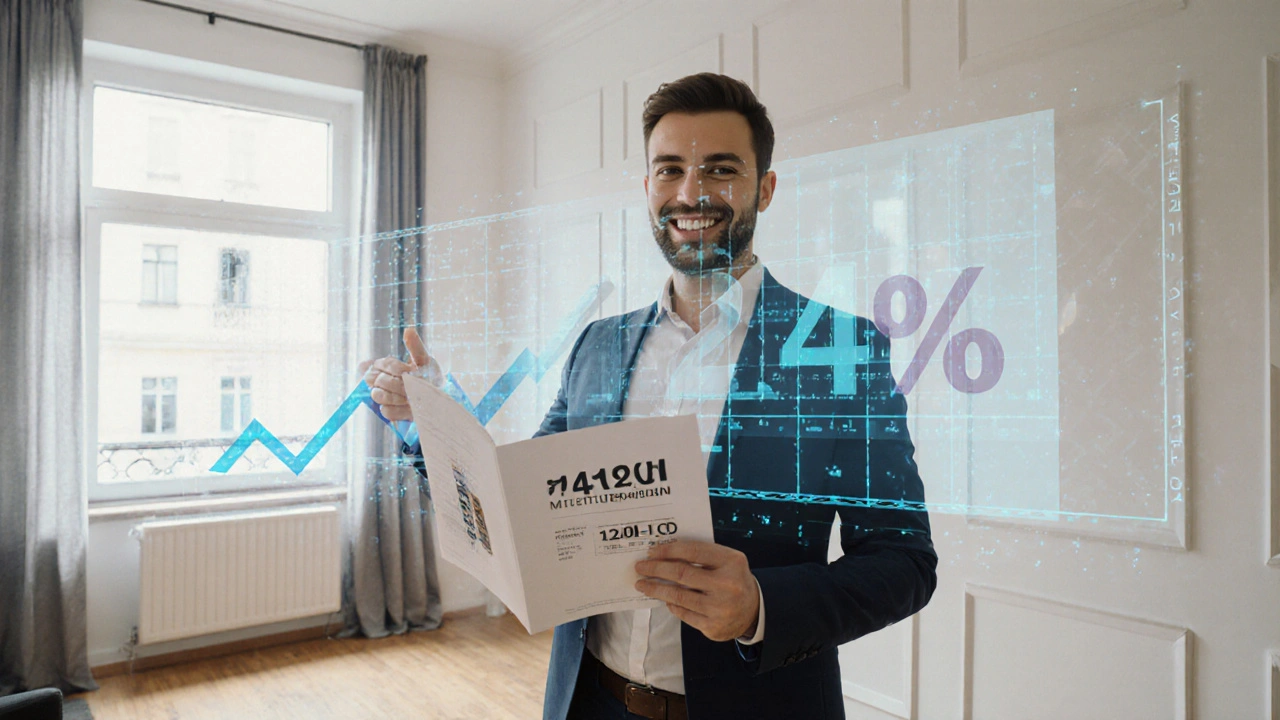 Realitní makléřka ukazuje na moderní kotel a okna v rekonstruovaném bytě s nápisem 2,2 mil. Kč.