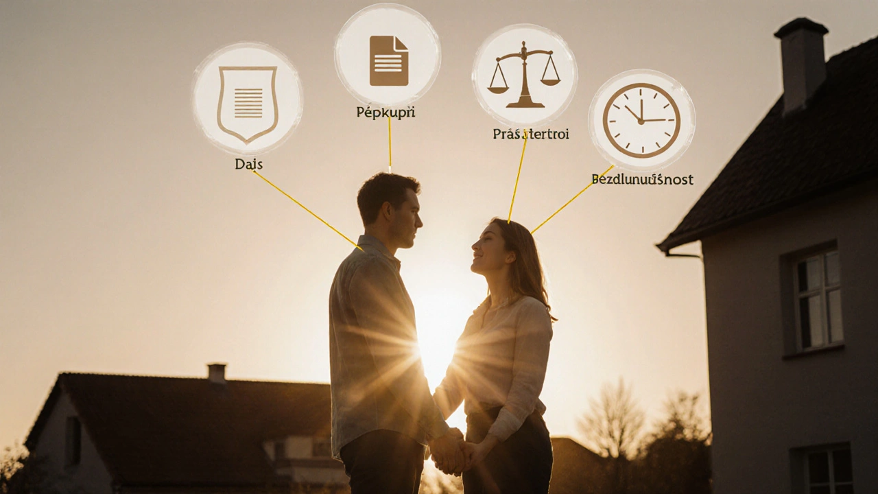 Rodina stojí u domu, kolem nich se objevují symboly právních povinností při prodeji.