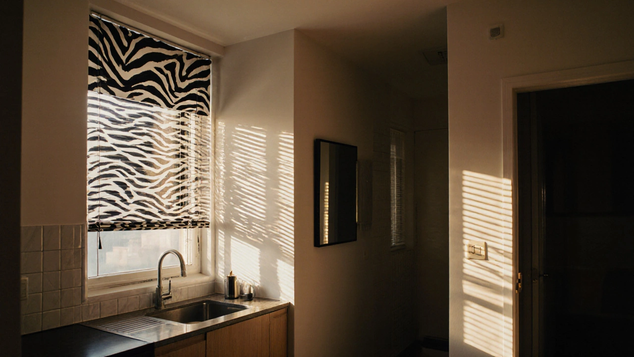 Rovnováha přírodního a umělého osvětlení v bytě, s částečně zatáhnutými žaluziemi a zrcadlem odrazujícím světlo.